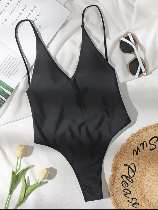 Black Solid One Piece Swimsuit