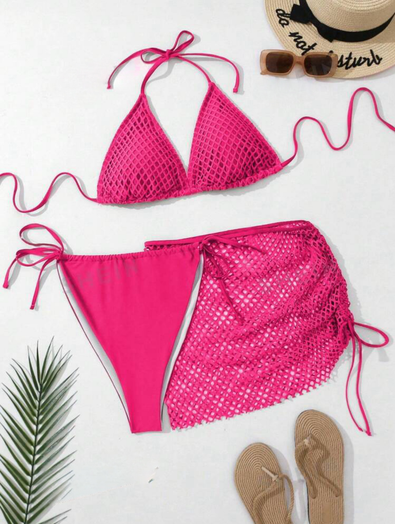 Pink Netted Three Piece Bikini Set